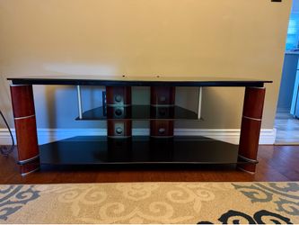 58" contemporary TV stand/black tempered-glass shelves/cherry-finish supports