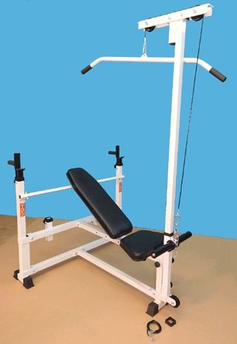 TDS Mega Bench Press w Dip Stand Lat Pull Down Tower Preacher