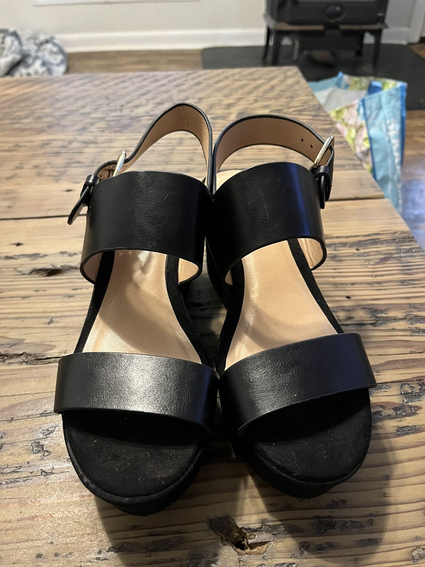 Black Strapy Platform Wedges Size 6.5