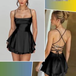 Womens Spaghetti Strap Satin Rompers Dress Sexy Cowl Neck Lace Up Backless Ruffle Layered Short Jumpsuits Mini Dress