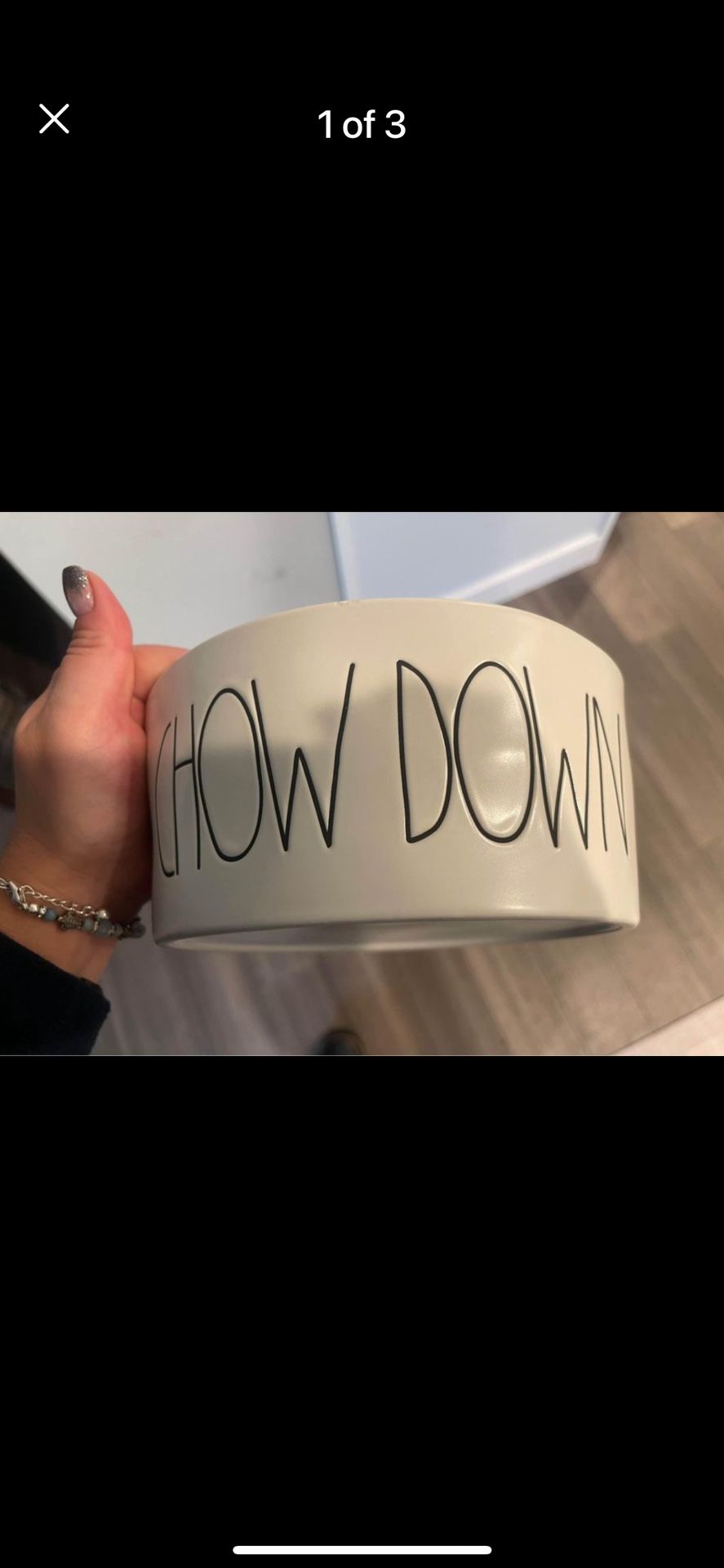 8 inch Rae Dunn “Chow Down” ceramic dog bowl. 