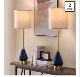 Buffet Lamps Set of 2 Tall Skinny, Blue Gold Buffet Table Lamps for Living Room, Bedroom, Navy Blue Lamp Set of 2 for Console Table, Ceramic Candlesti