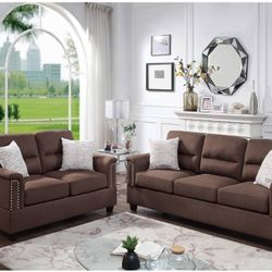 2 PC SOFA SET  CHOCOLATE  UPHOLSTERY  POLYFIBER ( LINEN-LIKE FABRIC)