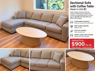 Beautiful Made-in-USA Sectional Sofa + Coffee Table – Like New – $900