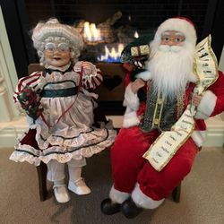 Large Porcelain Animated Mrs. Claus and Santa Bench/Shelf Sitters with Wooden Bench
