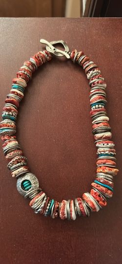 Spiny Oyster and Turquoise Silver Beaded Statement Necklace