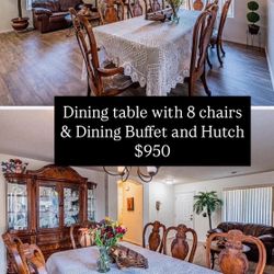 Dining Table with chairs and Dining Buffet and Hutch