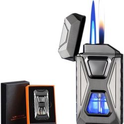 Voice Activated Windproof Dual Flame Lighter, USB Rechargeable Arc Lighter,Jet Flame and Soft Flame, Visible Transparent Window, Refillable Butane Lig