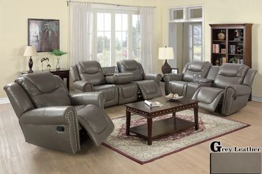 Brand New Grey Leather Reclining 3pc Set With Built In Cup Holders,Storage Compartments & A Drop Down Table