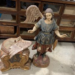 Antique Italian Carved Wood Angel Holding Fish