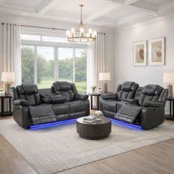 Power Recliner Sofa & Loveseat, Console, Bluetooth Speaker, Built-in LED Light, Cup Holder, USB 