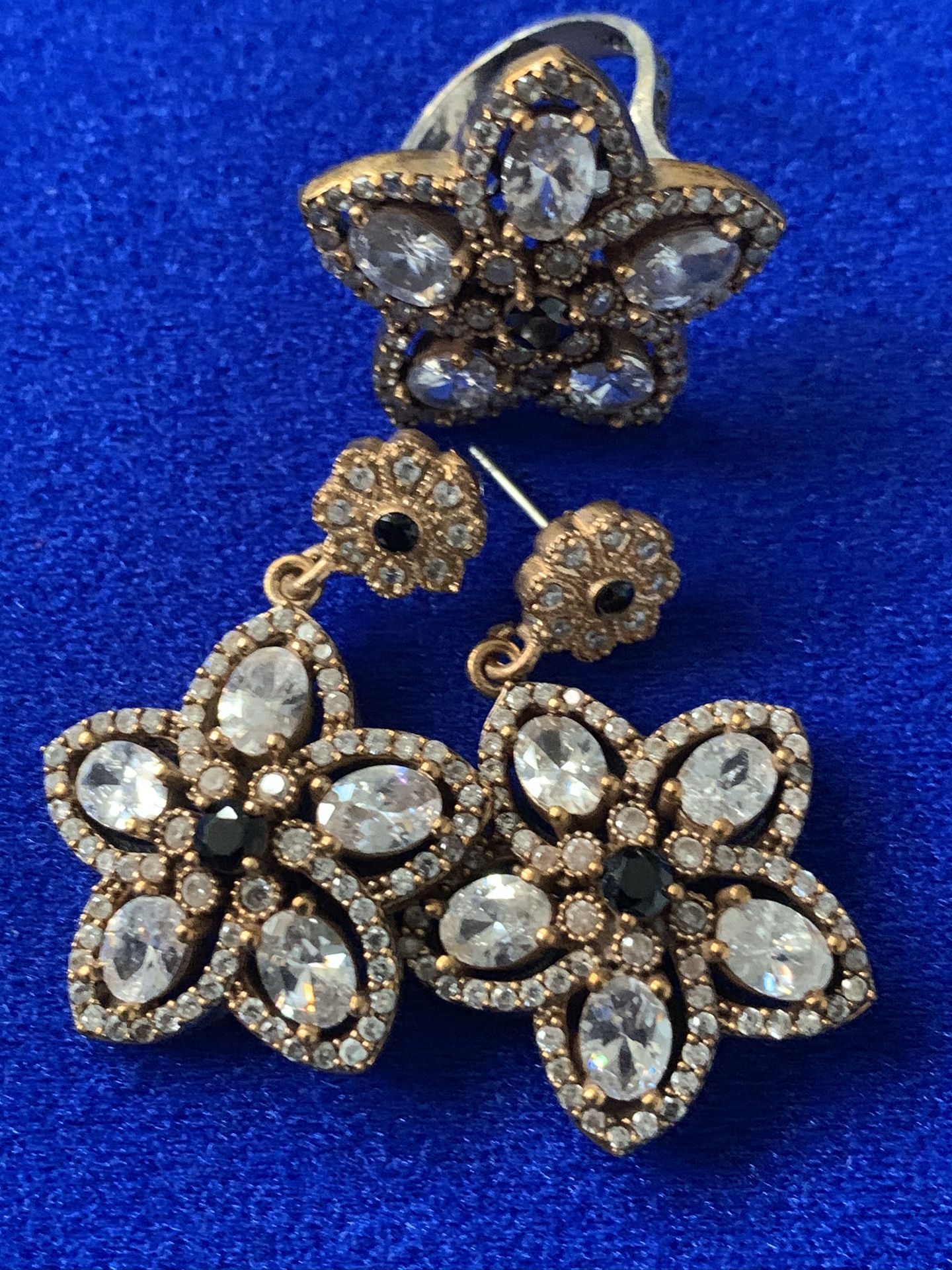 Sapphire Topaz Flower Earrings & Cocktail Ring Size 7