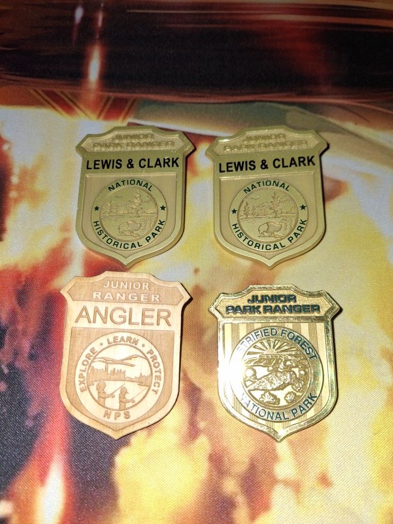 LOT OF 4 NPS JUNIOR PARK RANGER PLASTIC & WOODEN BADGE...LEWIS & CLARK, PETRIFIED FOREST...SMOKE FREE...$20.00 OBO...