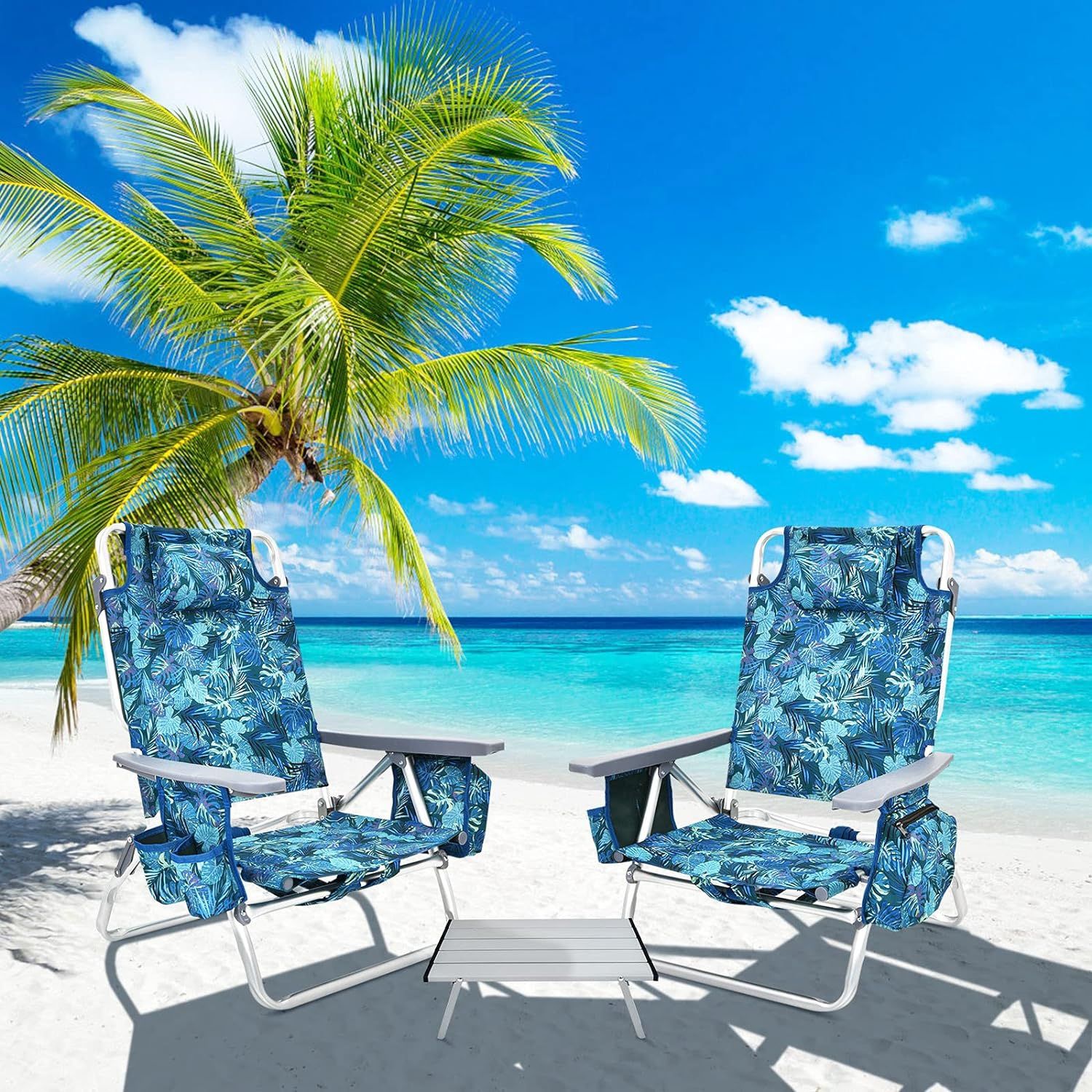 COSTWAY 2 Backpack Beach Chairs with Cup Holder, Ice Bag & 1 table. Navy