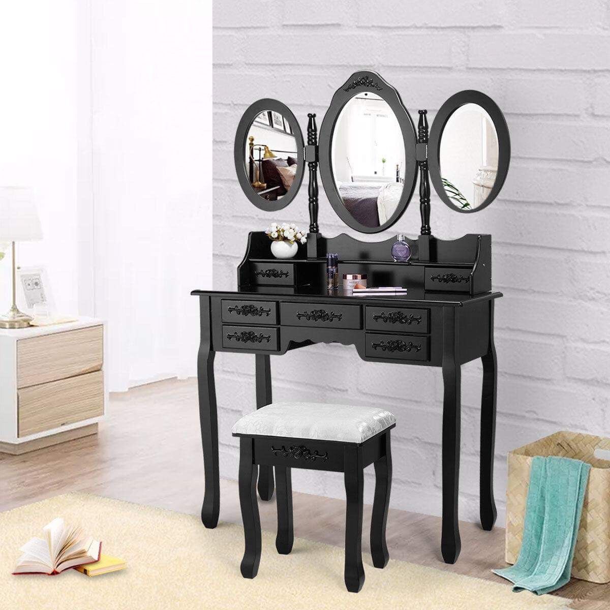 Vanity Makeup Dressing Table Set 3 Mirrors and 7 Drawers with Cushion Bench Stool