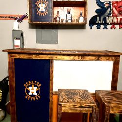 Handmade Houston Astros Bar with two Bar stools and Handmade cooler and liquor Rack