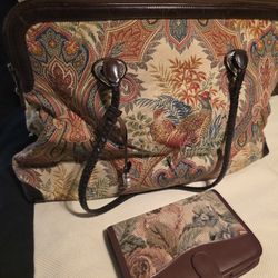 Brighton Pheasants Large Duffle Shoulder Bag Tote With Planner 19" X 13" X 7" 