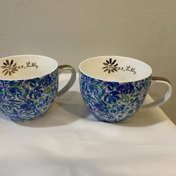 Pair of 13 oz Lilly Pulitzer’s “High Manetenance” Blue Tea Cups 3.5” H 4.25” Top