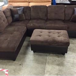New Chocolate Brown Sectional Sofa Microfiber Couch Include FREE Ottoman And 2 Pillows 