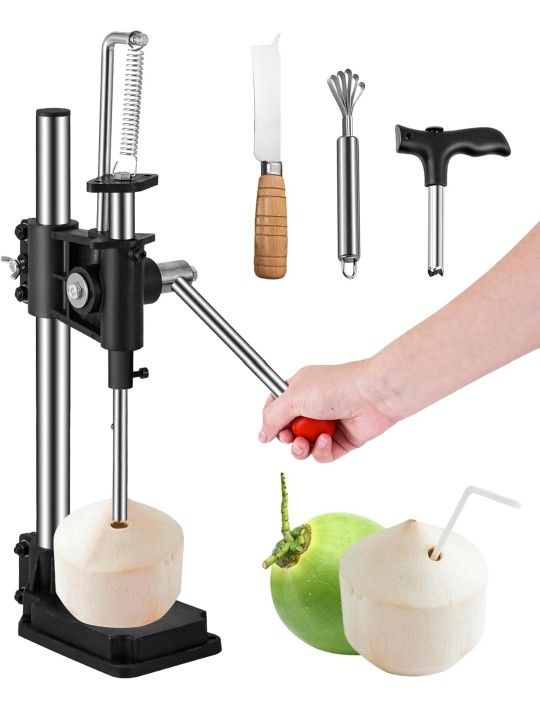 Coconut Opener Machine Coconut Hole Puncher Manual Coconut Press with Coconut Meat Remover&Coconut Knife, Coconut Opening Tool for Young/Tender Coconu