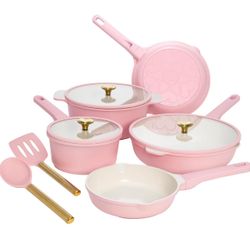 Paris Hilton Ceramic Nonstick Cookware Set, Cast Aluminum with Dual Layer Nonstick Coating, Gold Heart Knobs, Stay-Cool Handles, Made without PFAS, PF