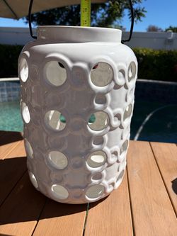 White Ceramic Lantern with Cut-Out Circle Design