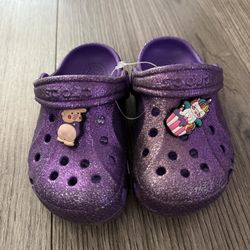 Crocs Purple Glitter Clog Unisex Kids US 6-7 Rabbit Unicorn Charms
