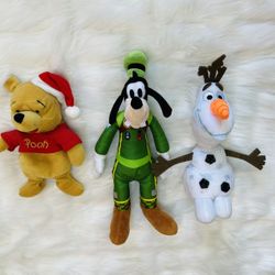 Disney Collection of 3 Plush Stuffed Animals Goofy, Ty Olaf, and Christmas Pooh