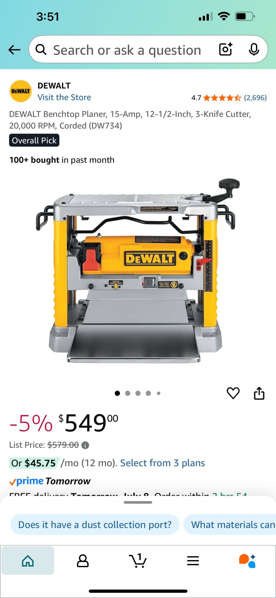 DEWALT Benchtop Planer, 15-Amp, 12-1/2-Inch, 3-Knife Cutter, 20,000 RPM, Corded (DW734)