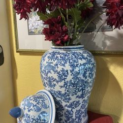 Big blue and white plant pot oriental vase unique kitchen temple jars handpainted 17'planter double happiness jar ginger