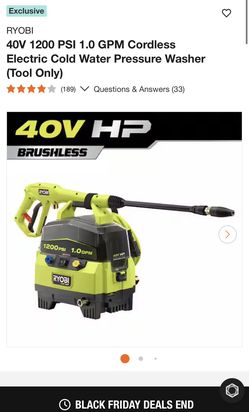 RYOBI PRESSURE WASHER BRUSHLESS 40 V TOOL ONLY NO INCLUDE BATTERY