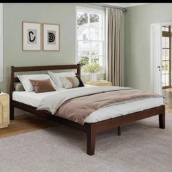 Mid Century Pine Walnut Brown Solid Wood Frame Full Size Platform Bed with Headboard.  retail price $291 our price $150   Bestier Model #B703237B-PNWA