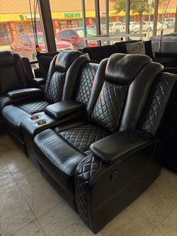 Black imitation leather 3 pcs sofa recliners set with storage and led lights