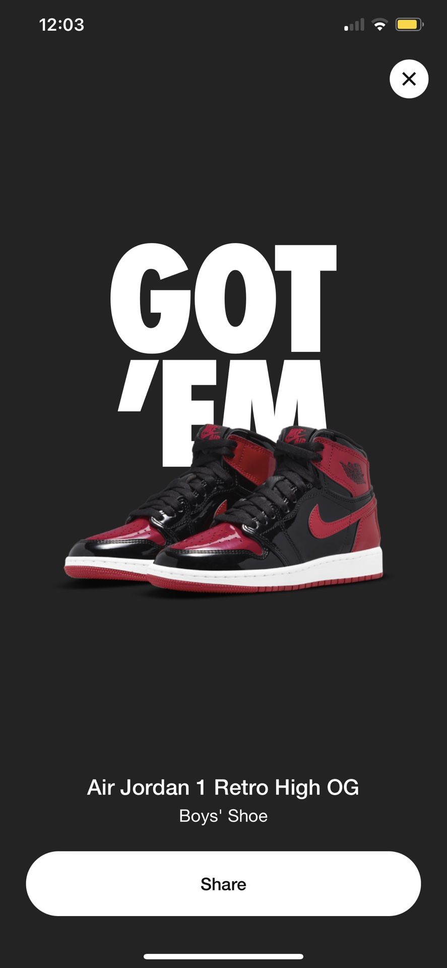 Jordan 1 High OG Patent Bred Red 7Y GS