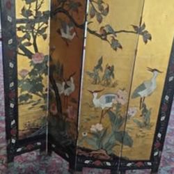 Vintage Hand-Engraved Folding Room Divider / Screen – Gold Leaf – 6ft Tall