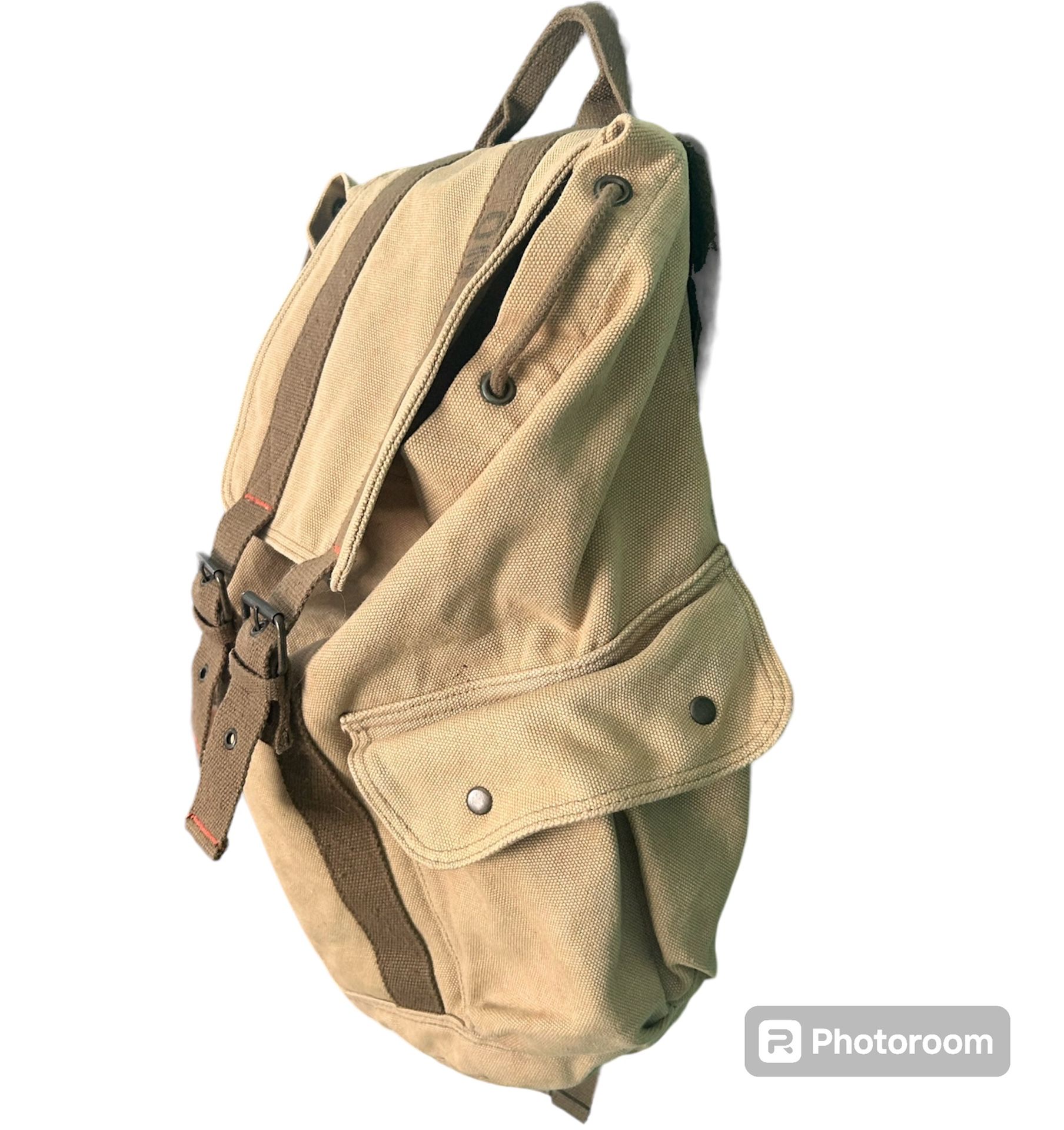 Old Navy Tan Surplus Heavy Canvas Army Gear Bag Back Pack Large Army Backpack, Vintage Military Rucksack, Canvas  main image 3
