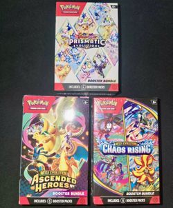 Pokemon TCG Prismatic Evolutions, Chaos Rising, Ascended Heroes Booster Bundles