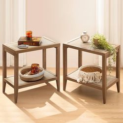 Set of 2 Bedside Table - Boho Narrow End Table Living Room Set of 2 Side Table with Rattan Storage Shelves