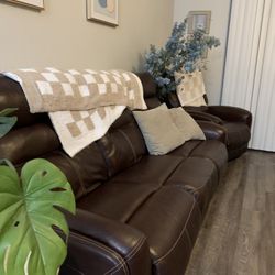 Brown Leather Reclining Sofa & Chair 