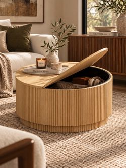 NEW IN BOX! š¦ Natural Oak ā Fluted Coffee Table ā Round Storage Cabinet