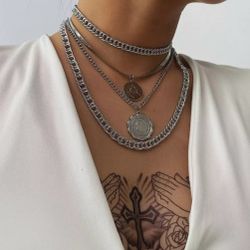 Multilevel Silver Head Coin Thick Chain Choker Chain Necklace