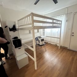 Full Size Bed Frame with Desk,Solid Wood Loft Bed Frame Storage Shelves and Staircase,Easy Assembly for Bedroom,White