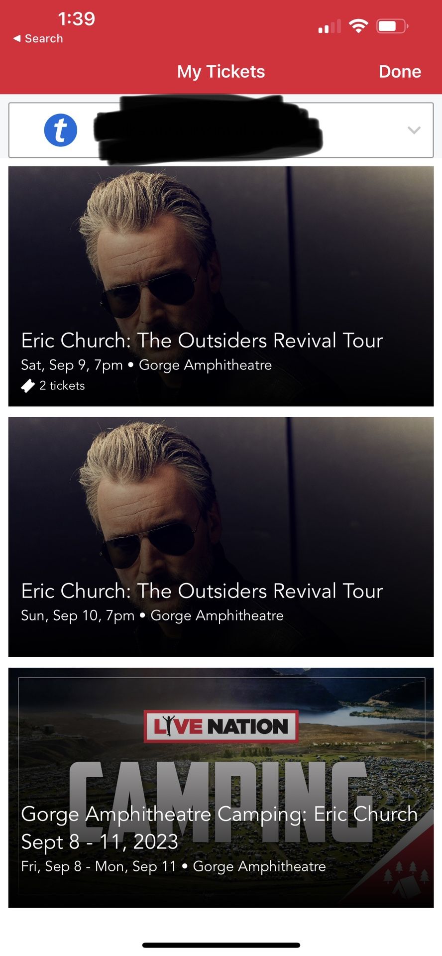 Eric Church Tickets And Gold/Big Rig/RV Camping Pass