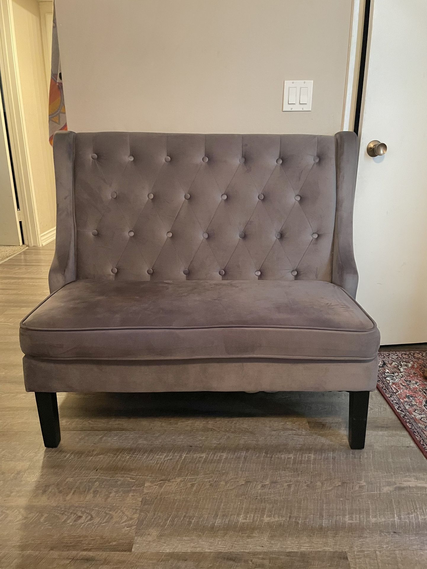 Loveseat Settee Sofa Bench, Grey Modern, Velvet, High Back, Upholstered, Couch, for Dining Living Room, Hallway or Entryway Seating