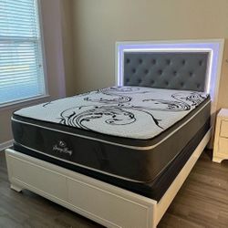 LED Upholstered Bedroom Set Queen or King Bed Dresser Nightstand Mirror Chest Options