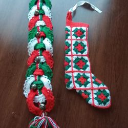Vtg handmade Granny Square Crochet Xmas Stocking Knitted Bell Door Wall Hanger Crochet Holiday Decorations 