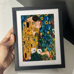 Framed Klimt-inspired “The Kiss” print - bright and colorful artwork