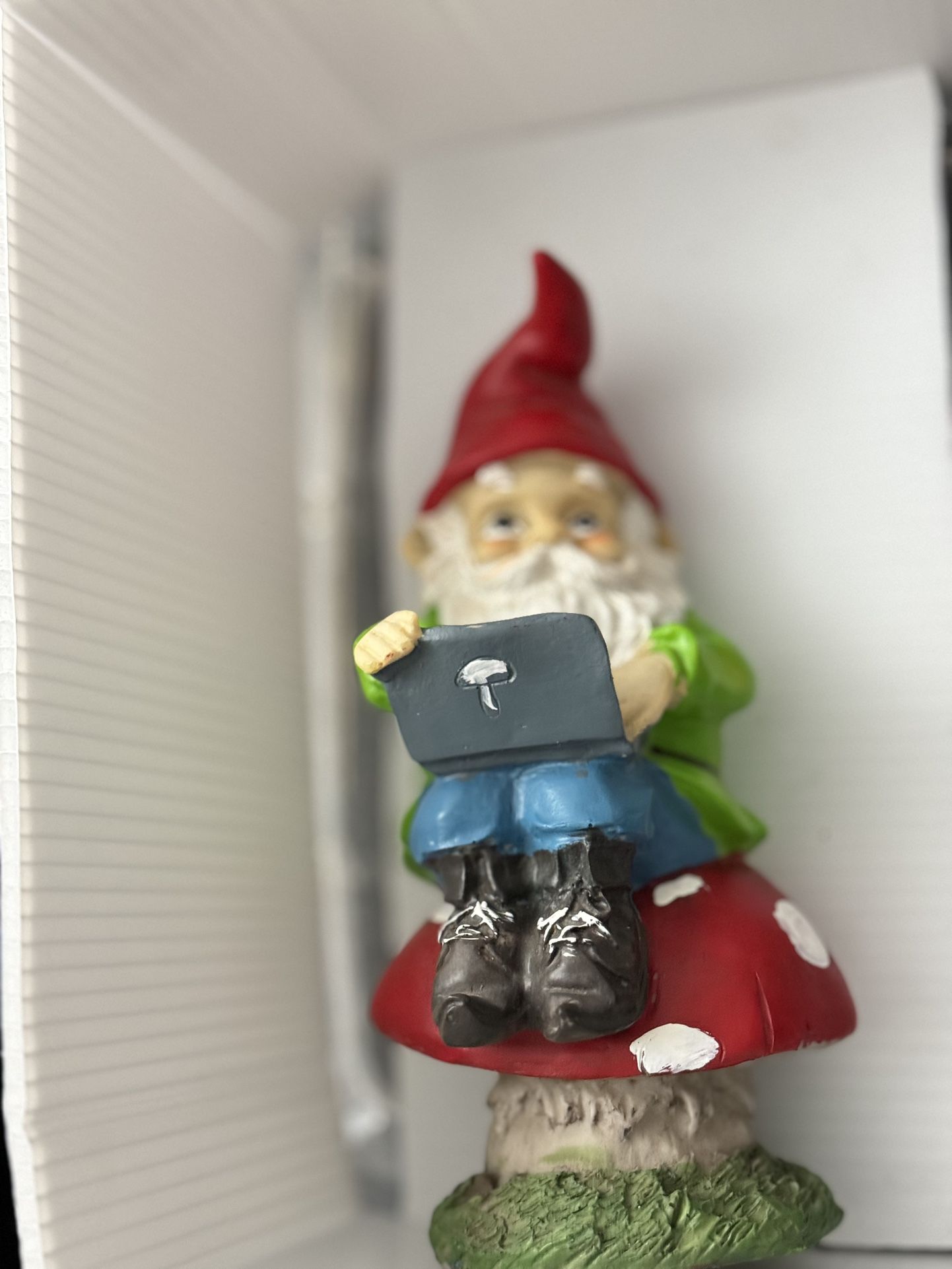 Handpainted Garden Gnome With A Laptop with Mushroom Logo Apple Logo