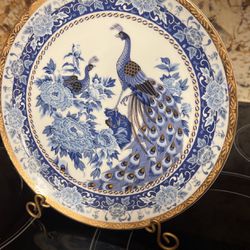 Antique Japan Amazing Blue And Gold Collectible Plate With Its Stand 10.25”Diameter 