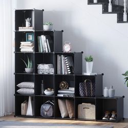 16 Cube Storage Organizer Shelves Black Plastic  Bookshelf Bedroom Living Room Closet Shelf Clothes 